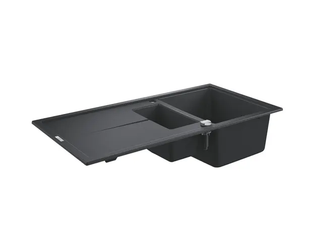 Chiuveta bucatarie Grohe, Granite Black, K400, 1000x500 mm, reversibil, 2 boluri, montare pe blat, evacuare automata, Kit montaj si evacuare inclus, Negru granit