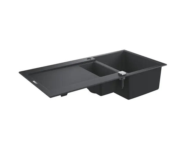 Chiuveta bucatarie Grohe, Granite Black, K500, 1000x500 mm, reversibil, 2 boluri, montare pe blat, evacuare automata, Kit montaj si evacuare inclus, Negru granit