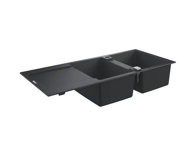 Chiuveta bucatarie Grohe, Granite Black, K500, 1160x500 mm, reversibil, 2 boluri, montare pe blat, evacuare automata, Kit montaj si evacuare inclus, Negru granit
