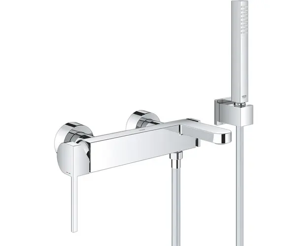 Set de dus Grohe Plus 33547003, 1/2&#039;&#039;, monocomanda, cartus ceramic, para dus Stick, suport de perete, furtun SilverFlex 1.5 m, elemente fixare ascunse, limitator, crom