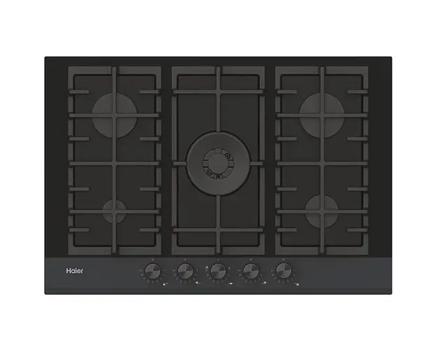 Plita incorporabila Haier HAVG75HB, Gaz, 5 arzatoare, Aprindere electrica, Wok, Gratar fonta, 75 cm, Sticla neagra