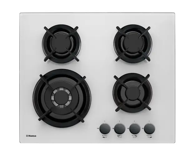 Plita incorporabila Hansa BHGW63111035, Gaz, 4 Arzatoare, WOK, Aprindere electrica, Sticla alba