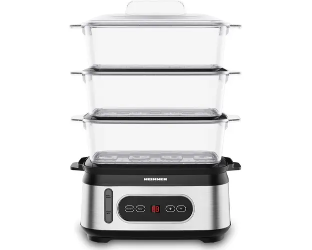 Aparat de gatit cu aburi Heinner HSA-D950SS, 800-950W, display LED, 9L, BPA free, temporizator 60 min, indicator luminos, protectie impotriva functionarii fara apa, insertii inox, negru/argintiu