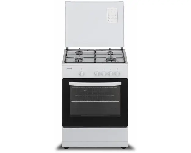 Aragaz Heinner HFSC-SME60WH, Gaz, 60X55 cm, 4 arzatoare, Dispozitiv siguranta, Capac metalic, Alb