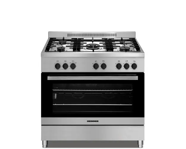 Aragaz semi-profesional Heinner HFSC-S90LITGR-IX, 90x60 cm, 5 arzatoare (1 WOK), gratare fonta, 110l, rotisor, grill