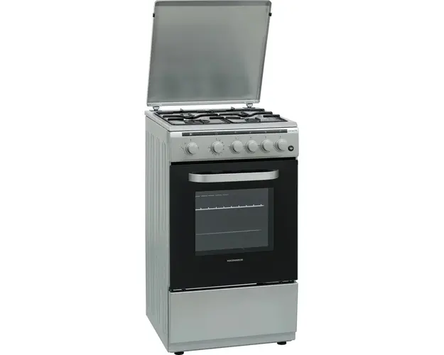Aragaz Heinner HFSC-V60LITGSL, Gaz, 4 arzatoare, Aprindere electrica, Dispozitiv siguranta plita si cuptor, Timer, Grill, Duze incluse, 50 cm, Argintiu