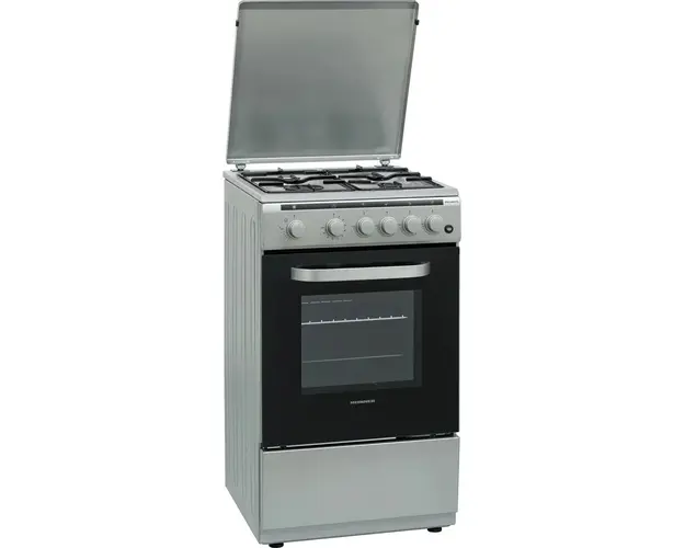 Aragaz Heinner HFSC-V60LITSL, Gaz, 4 arzatoare, Aprindere electrica, Dispozitiv siguranta plita si cuptor, Timer, Duze incluse, 50 cm, Argintiu