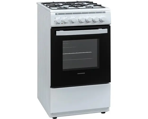 Aragaz mixt Heinner HFSC-V60LITGC-WH, 4 arzatoare gaz, Dispozitiv de siguranta plita, Aprindere electrica, Cuptor electric, Timer, Grill, Clasa A, 50 cm, Alb