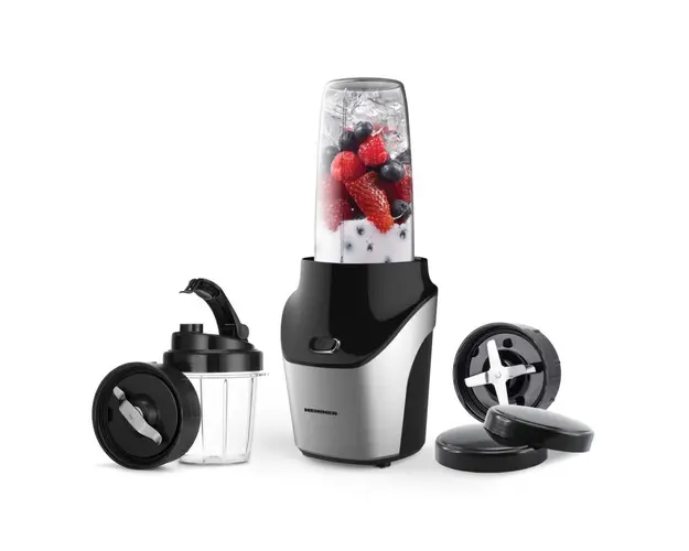 Blender sport Heinner Vitamiser 1000 HSB-T1000SS, 1000W, recipiente Tritan fara BPA 1/0.45L, rasnita inclusa, buton ON/OFF, 18000RPM, lame din inox, 2 capace suplimentare, carcasa din inox, argintiu/negru