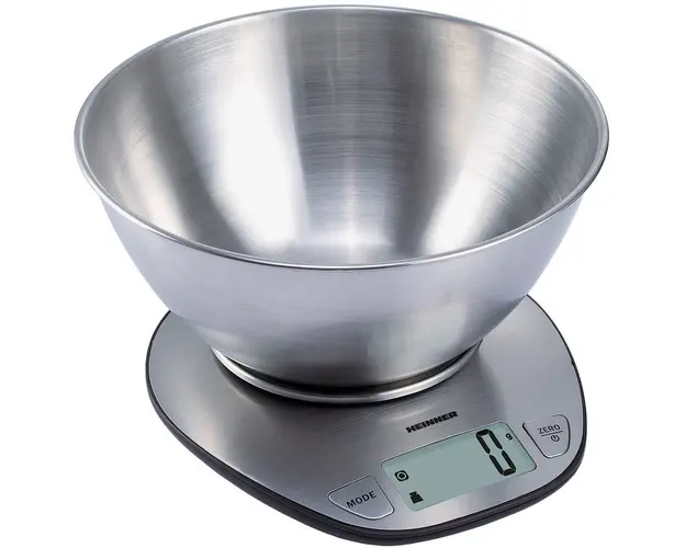 Cantar de bucatarie cu bol Heinner HKS-5SS, bol 5kg, full inox, functie tara, functie cantarire lichide, 1g, display lcd, Inox
