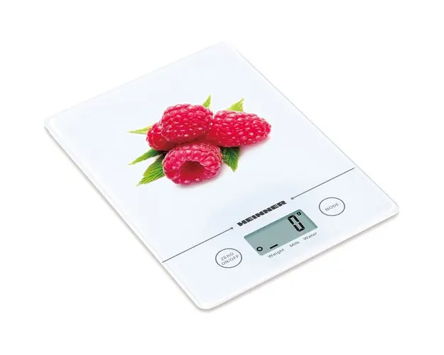 Cantar de bucatarie Heinner Raspberry HKS-5-RSB, 5 kg, sticla securizata, control touch cu display LCD, functie tara, functie cantarire lichide, gradare 1 g, baterie inclusa cr2032, alb