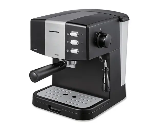 Espressor Heinner HEM-850BKSL, 850 W, 1.5 L, 15 bar, filtru dublu din inox, Negru/Argintiu