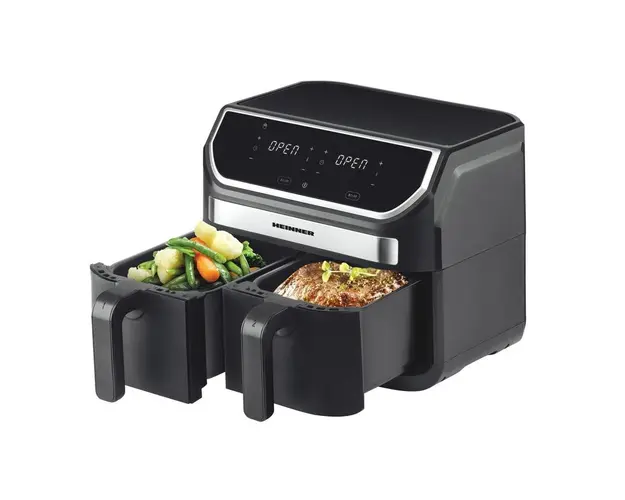 Friteuza dubla cu aer cald Heinner Double Master HAF-KDB1700BK, 8.5L, 1700W, doua cosuri detasabile, tehnologie de circulare rapida a aerului, display digital cu control Touch, 11 programe presetate, negru