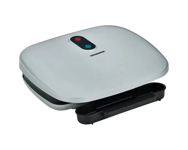 Gratar electric Heinner AriaGrill HEG-F1000SL, 1000W; placi fixe turnate 27 X 23 cm, invelis antiaderent, maner rece, Indicator luminos, tava pentru colectare ulei, Argintiu