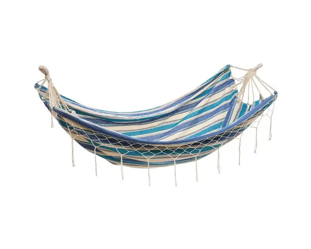 Hamac cu ciucuri Heinner, 200x150 cm, bumbac/poliester, model dungi, albastru/alb