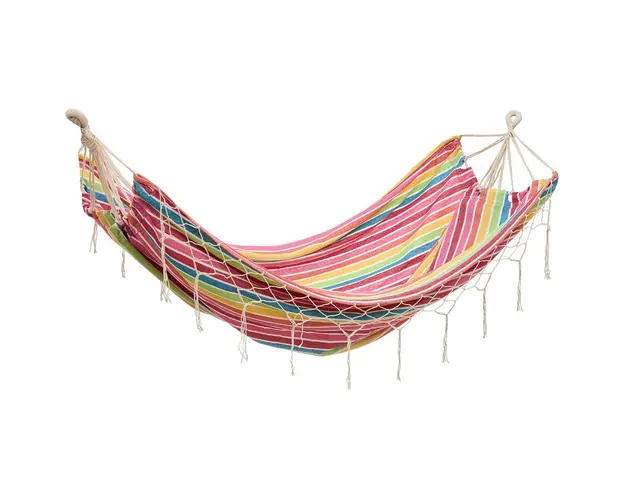 Hamac cu ciucuri Heinner, 200x160 cm, bumbac/poliester, model dungi, roz/galben
