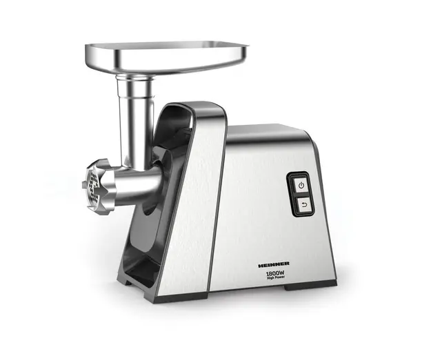 Masina de tocat Heinner MG-Y1800X, Putere maxima 1800 W, Angrenaje metalice, Cutit din inox, Functie Reverse, 3 site de taiere, Spatiu depozitare accesorii, Negru/Inox