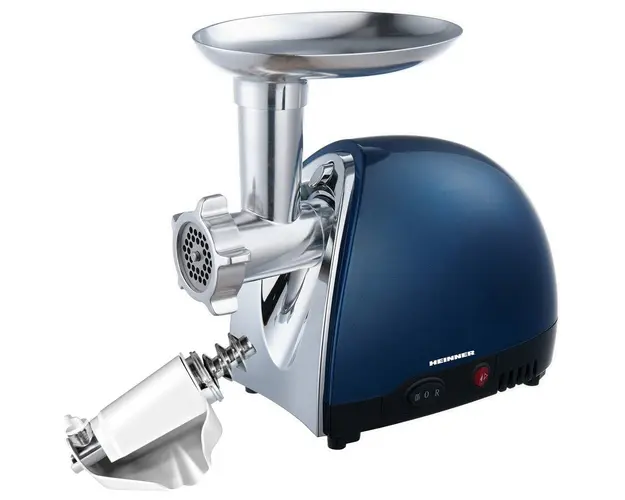 Masina de tocat Heinner MG1500TA-BL, 1600 W, Accesoriu pentru rosii si carnati, Cutit inox, Albastru