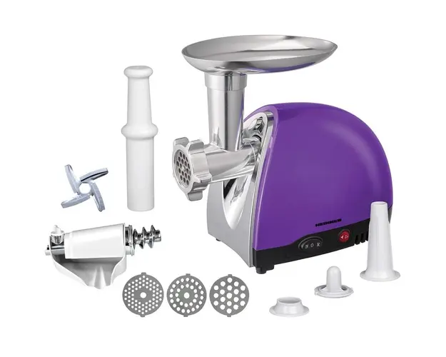 Masina de tocat Heinner MG1600TA-UV, 1600 W, accesoriu rosii si carnati, 3 site de taiere, cutit inox,Violet