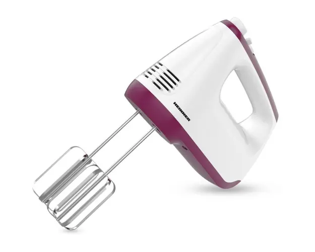Mixer de mana Heinner HM-400BG, putere: 400w, 2 teluri si 2 carlige din inox, 6 viteze + turbo, self stand, alb/burgundy