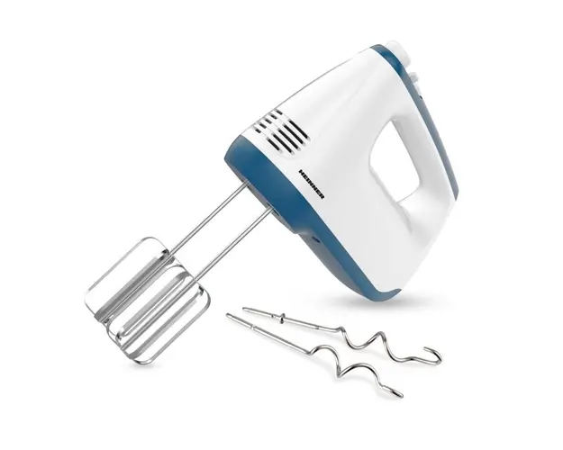 Mixer de mana Heinner HM-400BL, 400 w, 2 teluri si 2 carlige din inox, 6 viteze + turbo, self stand, alb/albastru