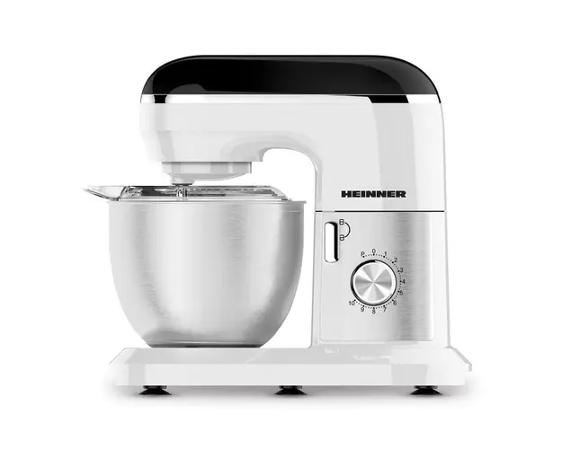 Mixer planetar Heinner HPM-1300WHBK , 1000 W, bol inox 5l, tel, carlig framantare, paleta, capac transparent protectie, Alb