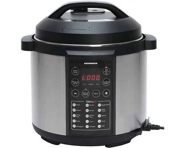 Multicooker cu gatire la presiune Heinner HPCK-6IX, 3.8 L, 15 programe, Vas antiadeziv detasabil, Presiune reglabila, Timer, Display led, Inox