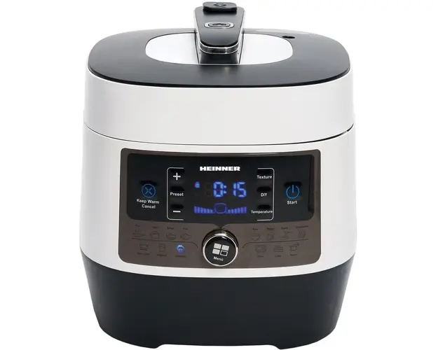 Multicooker cu gatire la presiune Heinner HPCK-6WH, 14 programe, vas antiadeziv detasabil, Timer, presiune reglabila, display LED, Alb