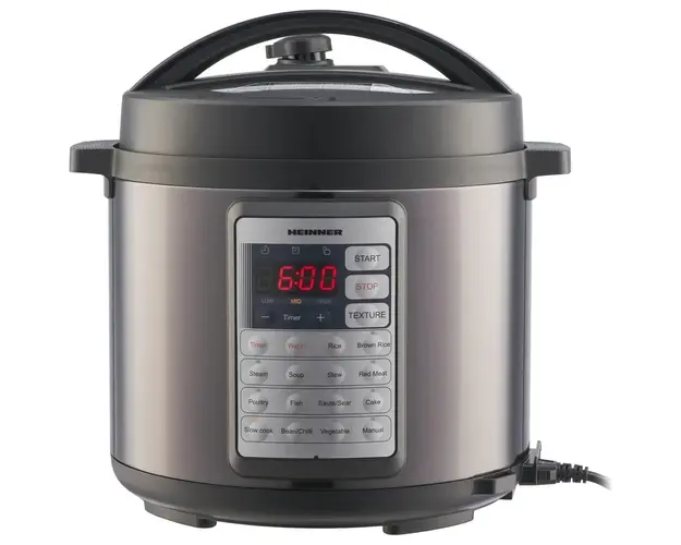 Multicooker Heinner Alacarte 38BK HPCK-38BK, 1000W, 5.7l, 14 programe, gatire sub presiune, presiune maxima 80 kPa (0.8 bar), afisaj LED, Negru/Inox