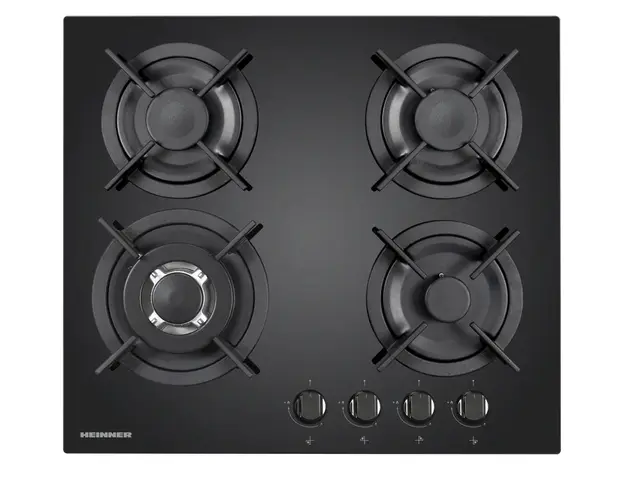 Plita incorporabila Heinner HBH-V4IWFGBK, Gaz, 4 arzatoare, Arzator wok, Aprindere electrica integrata, Gratar fonta, 58 cm, Sticla neagra