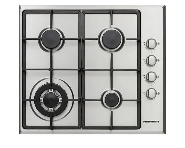Plita incorporabila Heinner HBH-V4IWFSCIX, Gaz, 4 arzatoare, Arzator wok, Aprindere electrica integrata, Control lateral, Gratar fonta, 58 cm, Inox