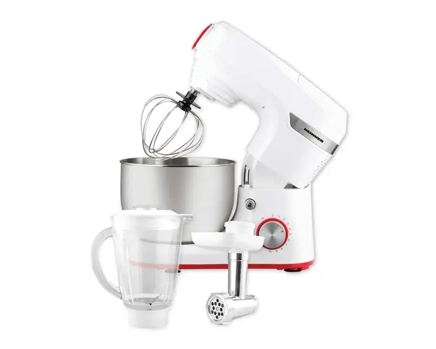Robot de bucatarie Heinner HPM-1000WH, 1000W, miscare planetara, accesoriu masina de tocat si blender, bol 5.5 L, 10 viteze + pulse, Alb