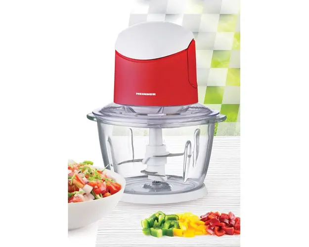 Tocator de legume Heinner, bol sticla 1L, 2 cutite din inox, 500W, culoare alb/rosu