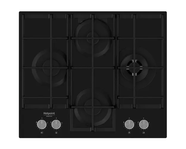 Plita incorporabila Hotpoint HAGS62F/BK, Gaz, 4 arzatoare, 1 arzator cu flacara dubla, Gratare fonta, 60 cm, Negru