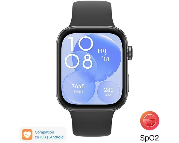 Smartwatch Huawei Watch FIT 3, Black Body with Black Fluoroelastomer Strap