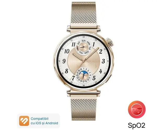Smartwatch Huawei Watch GT 5, 41MM, Pale Gold Stainless Steel Case, Gold Milanese Strap