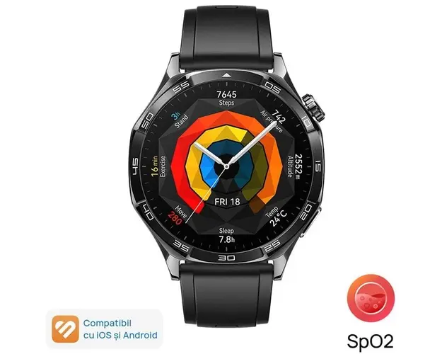 Smartwatch Huawei Watch GT 5, 46MM, Deep Tarnish Stainless Steel Case, Black Fluoroelastomer Strap