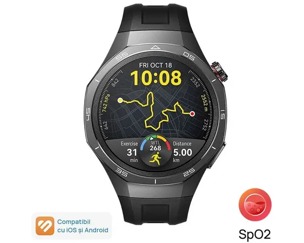 Smartwatch Huawei Watch GT 5 Pro, 46MM, Tarnish Titanium Case, Black Fluoroelastomer Strap