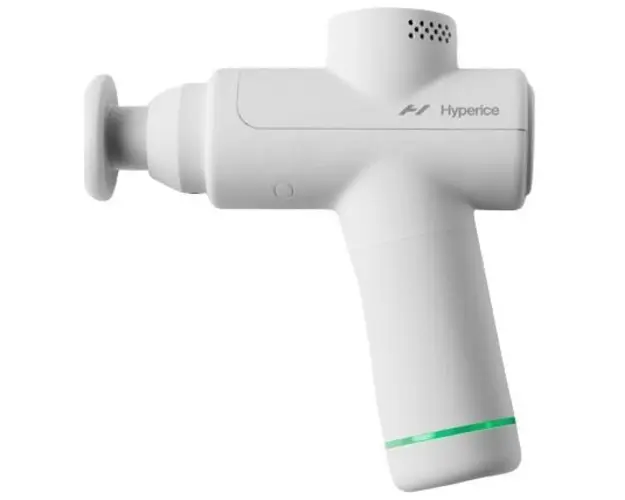Aparat de masaj cu vibratie Hyperice Hypervolt GO 2, 2 capete, 3 viteze percutie, motor Brushless high-torque 40W, design ergonomic, QuietGlide, gri