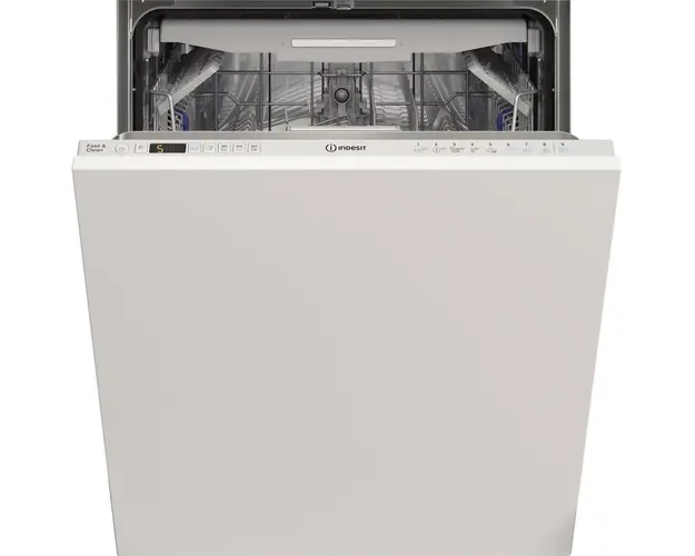 Masina de spalat vase incorporabila Indesit DIO3T131AFE, 14 seturi, 9 programe, Clasa D, Fast&amp;Clean, Push&amp;Go, Auto Door, Sertar tacamuri, Semnal luminos, 60 cm