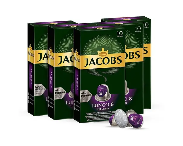 Set 5X Capsule Cafea Jacobs Lungo Intenso, intensitate 8, 50 capsule de aluminiu, compatibile cu Nesspreso Original, 260 g