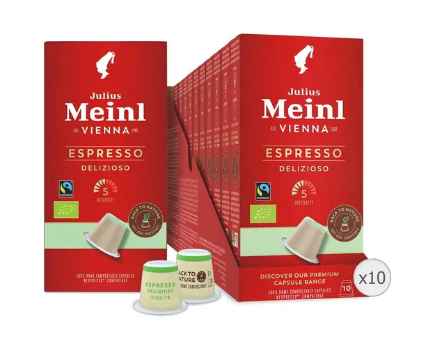 Set 10 x Cafea capsule Julius Meinl Espresso Delizioso BIO Fair Trade, compatibile Nespresso, 100% biodegradabile, 100 capsule, 560g