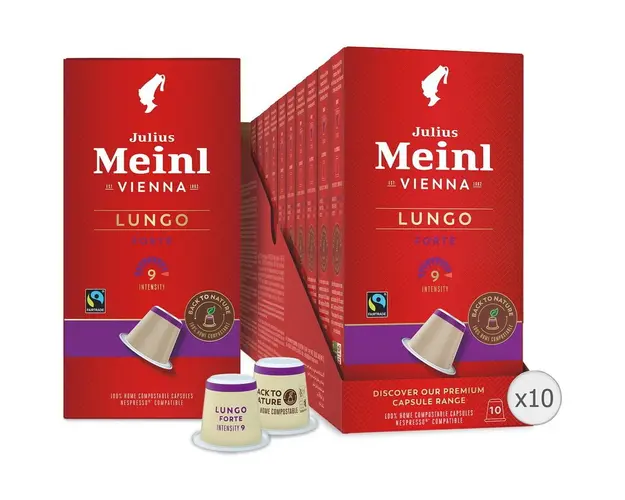 Set 10 x Cafea capsule Julius Meinl Lungo Fair Trade, compatibile Nespresso, 100% biodegradabile, 100 capsule, 560g