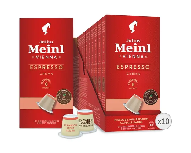 Set 10 x Capsule cafea Julius Meinl Espresso Crema, compatibile Nespresso, 100% biodegradabile, 100 capsule, 560g