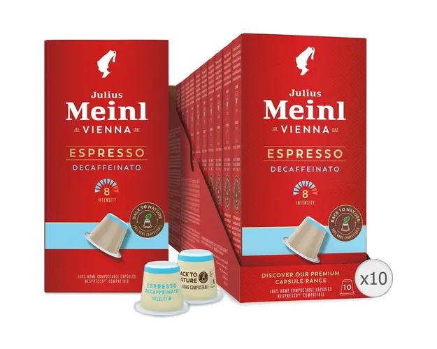 Set 10 x Capsule cafea Julius Meinl Espresso Decaf, decofeinizata, compatibile Nespresso, 100% biodegradabile, 100 capsule, 560g