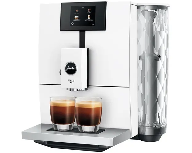 Espressor automat Jura ENA 8 Touch Full Nordic White EC, 1450 W, 15 bar, 1.1 l, recipient boabe 125 g, 15 bauturi, pregatit WiFi, afisaj color, rasnita Professional Aroma, incalzire Thermoblock, meniu limba romana, alb