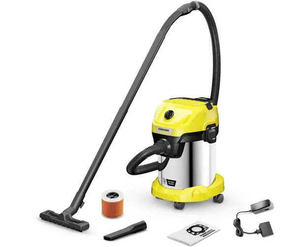 Aspirator Karcher cu acumulator WD 3-18 S /Battery Set, Aspirare umeda si uscata, Baterie de 18 V, Recipient de 17 L din otel inoxidabil, Furtun de 2 m , Include bateria Karcher de 18 V/5,0 Ah si incarcator de baterie, Galben/Negru/Metal