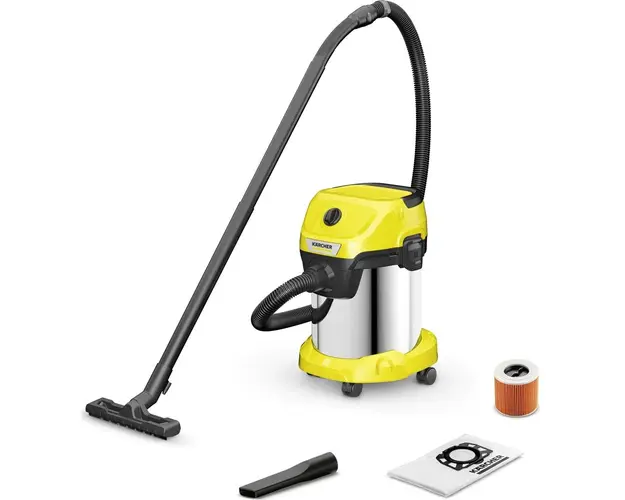 Aspirator multifunctional KarcherWD 3 S V-15/4/20 , Aspirare umeda si uscata, 15l, furtun 2m, 1000W, functie de suflare , inox, Galben/Negru