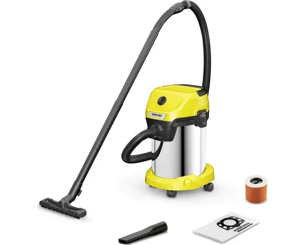 Aspirator multifunctional KarcherWD 3 S V-19/6/20 , Aspirare umeda si uscata, 19l, furtun 2m, 1000W, functie de suflare , inox, Galben/Negru