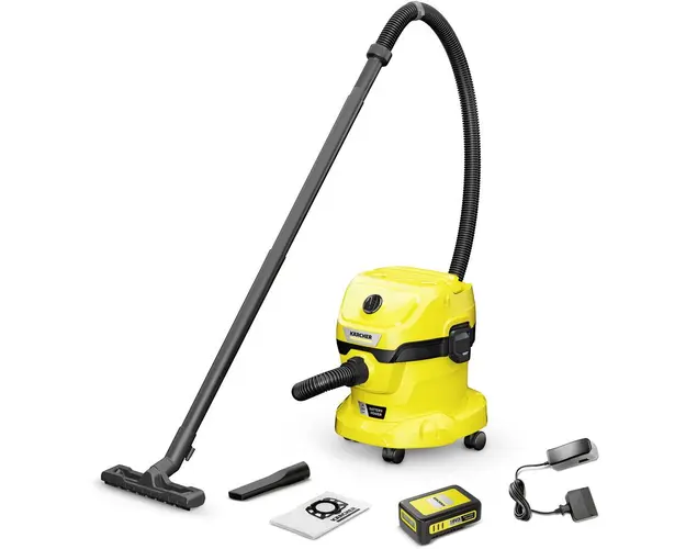 Aspirator umed-uscat Karcher cu acumulator WD 2-18 V Battery Set 1.628-501.0, 225 W, Aspirare umeda si uscata, Baterie de 18V, Recipient 12 L, Furtun de 1.8 m, Functie de suflare, Baterie de 18V si incarcator de baterie, Galben/Negru
